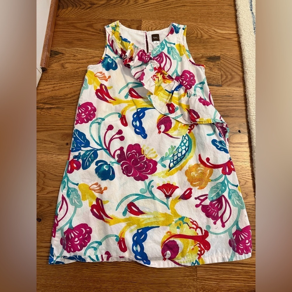 Tea Collection Multicolored Floral and Birds Sleeveless Dress with Ruffle Size 6 - Picture 1 of 8
